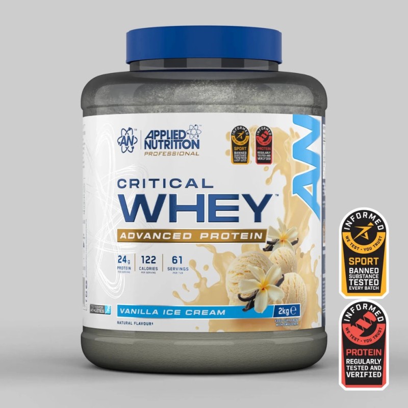 Protéine Applied Nutrition Critical Whey 2kg saveur glace à la vanille riche en protéines avec BCAAs et glutamine