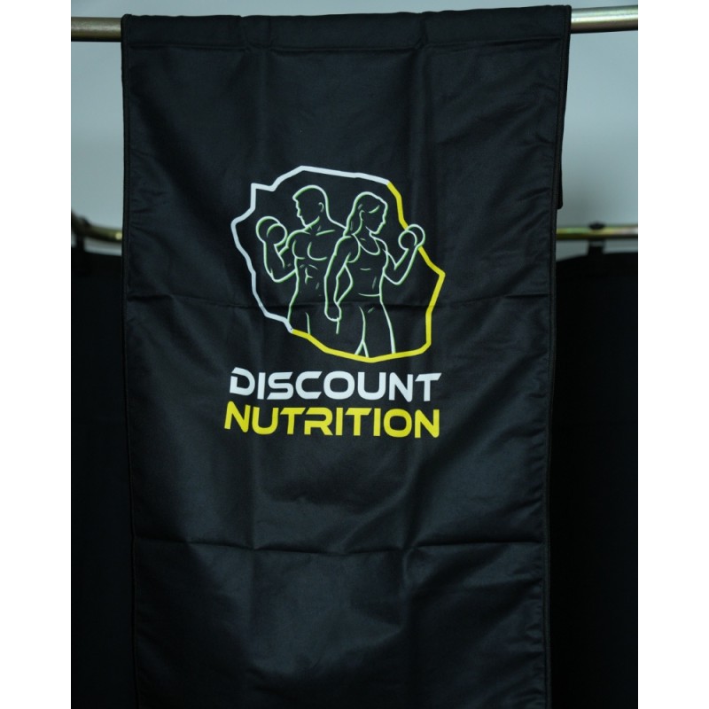 Serviette avec logo Discount Nutrition de 90 cm de longueur et 40 cm de largeur et poche zippée à l'arrière.