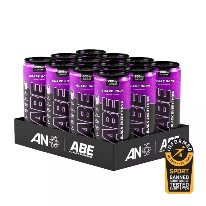 Boisson énergisante ABE Applied Nutrition, saveur Grape Soda au raisin avec 200mg de caféine par canette