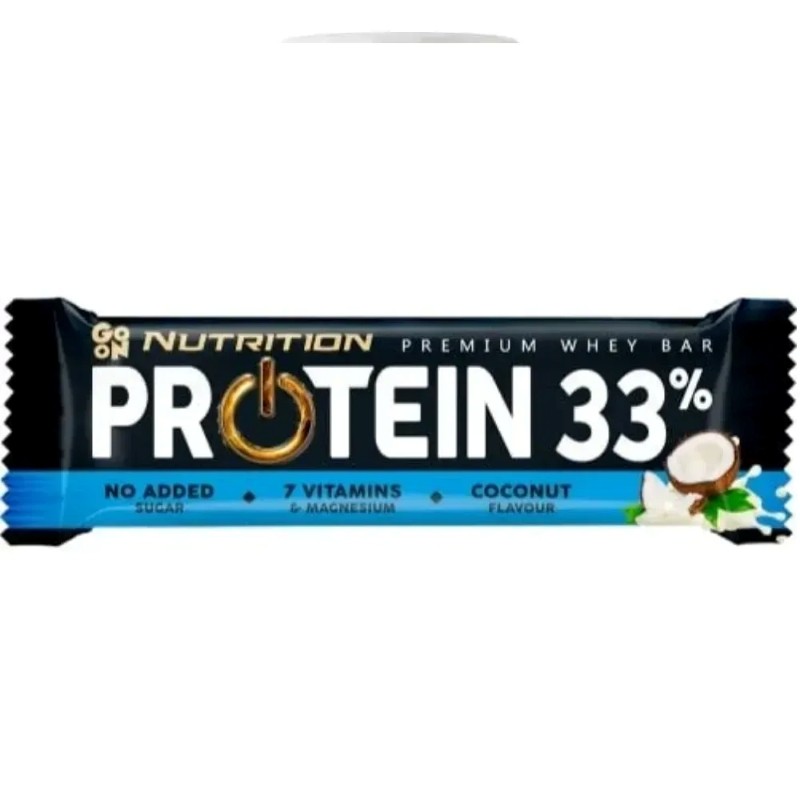 Barre protéinée Go On 33% saveur Noix de Coco de 50g dans son emballage bleu et blanc