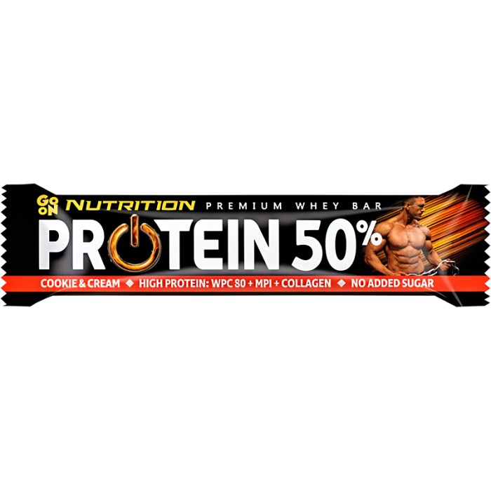 Barre protéinée Go On 50% Cookies & Cream de 40g dans son emballage noir et blanc affichant la mention "50% Protéine"