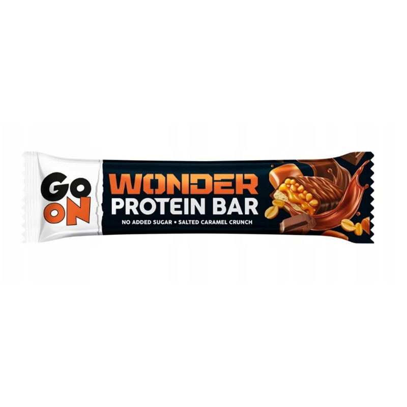Barre protéinée Go On Wonder Caramel Salé de 45g coulée de caramel de cacahuètes et de carrés de chocolat