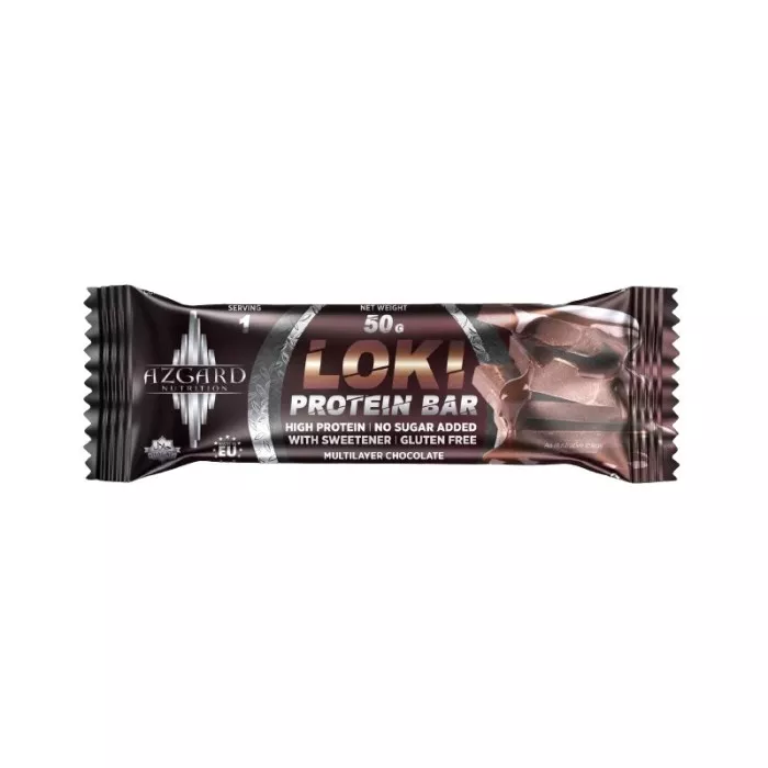 Barre protéinée LOKI de la marque Azgard Nutrition 50 g saveur chocolat