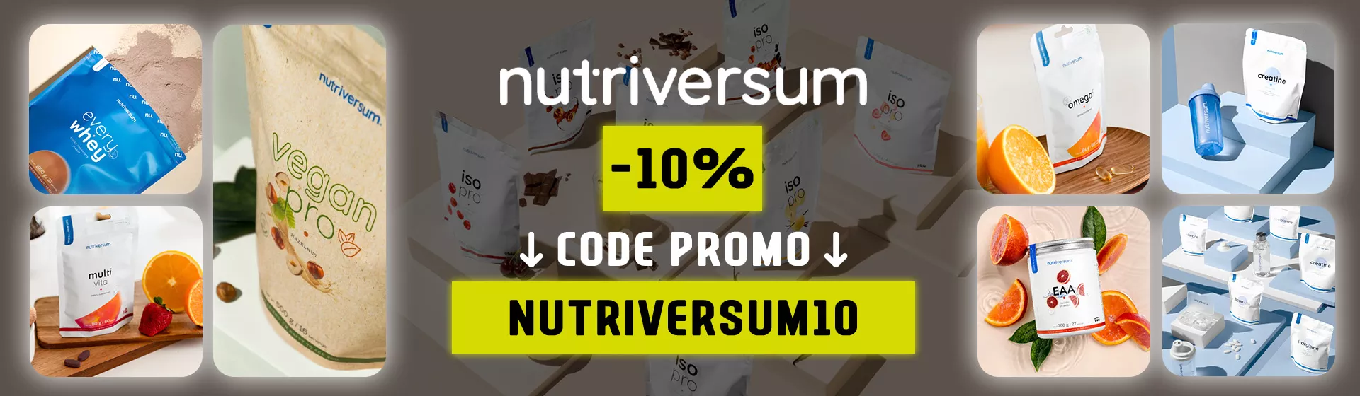 Bannière promotionnelle Nutriversum : 10 % de réduction sur les compléments alimentaires, whey et vitamines avec le code NUTRIVERSUM10 sur Discount Nutrition.